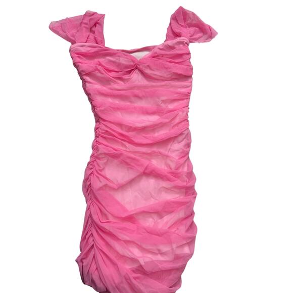 Norma Kamali Dresses & Skirts - Norma Kamali Pink Ruched Mesh Off-Shoulder Dress Size S